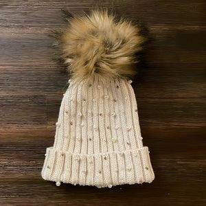 Venus Pearl Bead Embellished Cream Knit Beanie with Faux Fur Pom-Pom